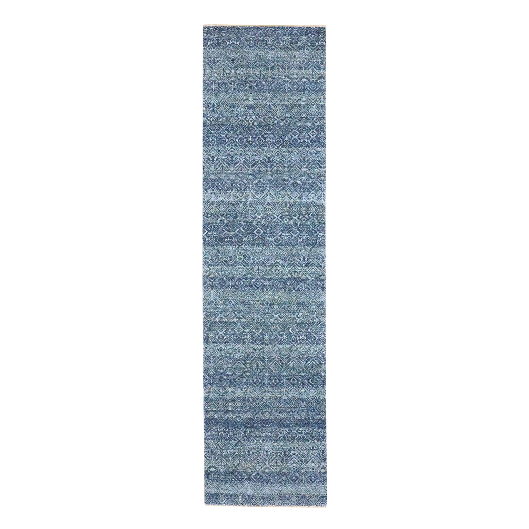 2'7"x10'2" Yale Blue, Kohinoor Herat Pattern, Small Geometric Repetitive Diamond Design, Soft Wool, Tone On Tone, Hand Knotted, Runner, Oriental Rug 